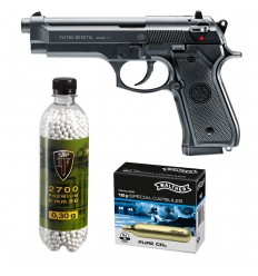 Set pistol airsoft 1.6 jouli + 10 capsule CO2 + flacon 2700 buc bile 0.20 g, Umarex Beretta 92FS, calibru 6 mm