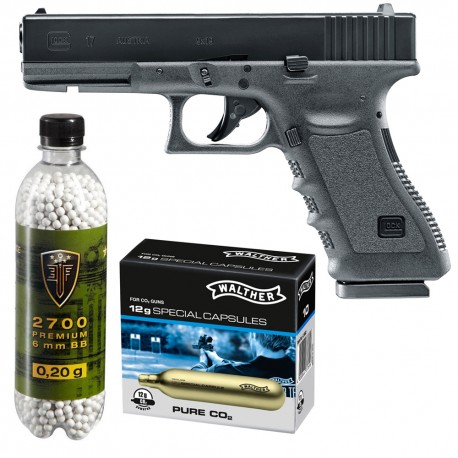 Set pistol airsoft Umarex Glock 17 + 10 capsule CO2 + flacon 2700 buc bile 0.20 g