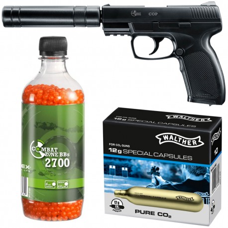 Set pistol airsoft 2 jouli + 10 capsule CO2 + flacon 2700 buc bile 0.12 g, Umarex Combat Zone COP SK cu amortizor