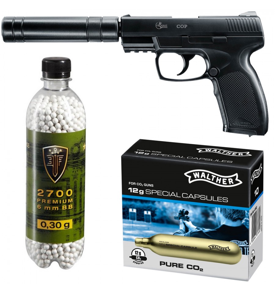 Set pistol airsoft 2 jouli + 10 capsule CO2 + flacon 2700 buc bile 0.30 g, Umarex Combat Zone