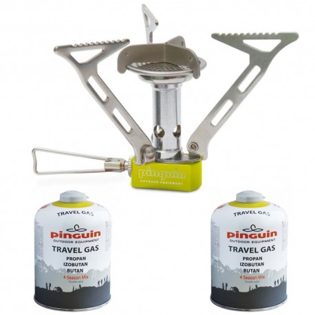 Set arzator camping drumetie Pinguin Hiker 3000 W si doua butelii gaz 450 g