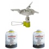 Set arzator drumetie camping drumetie Pinguin Surpass Steel 3500 W si doua butelii gaz 450 grame