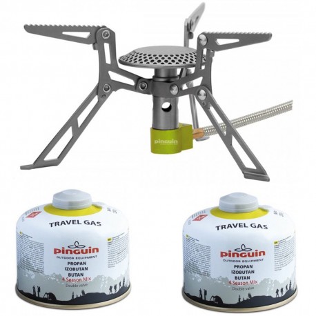 Set arzator drumetie camping drumetie Pinguin Mantis Titan 3000 W si doua butelii gaz 230 grame