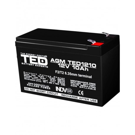 Acumulator stationar 12 V, 10 Ah, F2 AGM VRLA TED electric TED1210 pentru navomodele, barcute de plantat, sonare, etc