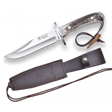 Cutit Joker Bowie cu teaca piele, lama 16 cm otel inox, maner corn cerb, teaca piele
