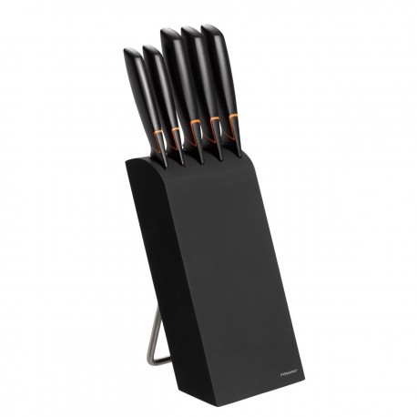 Set 5 cutite + suport Fiskars Edge, otel inoxidabil, negru
