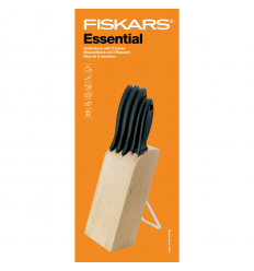Set 5 cutite + suport Fiskars Essential, otel inoxidabil